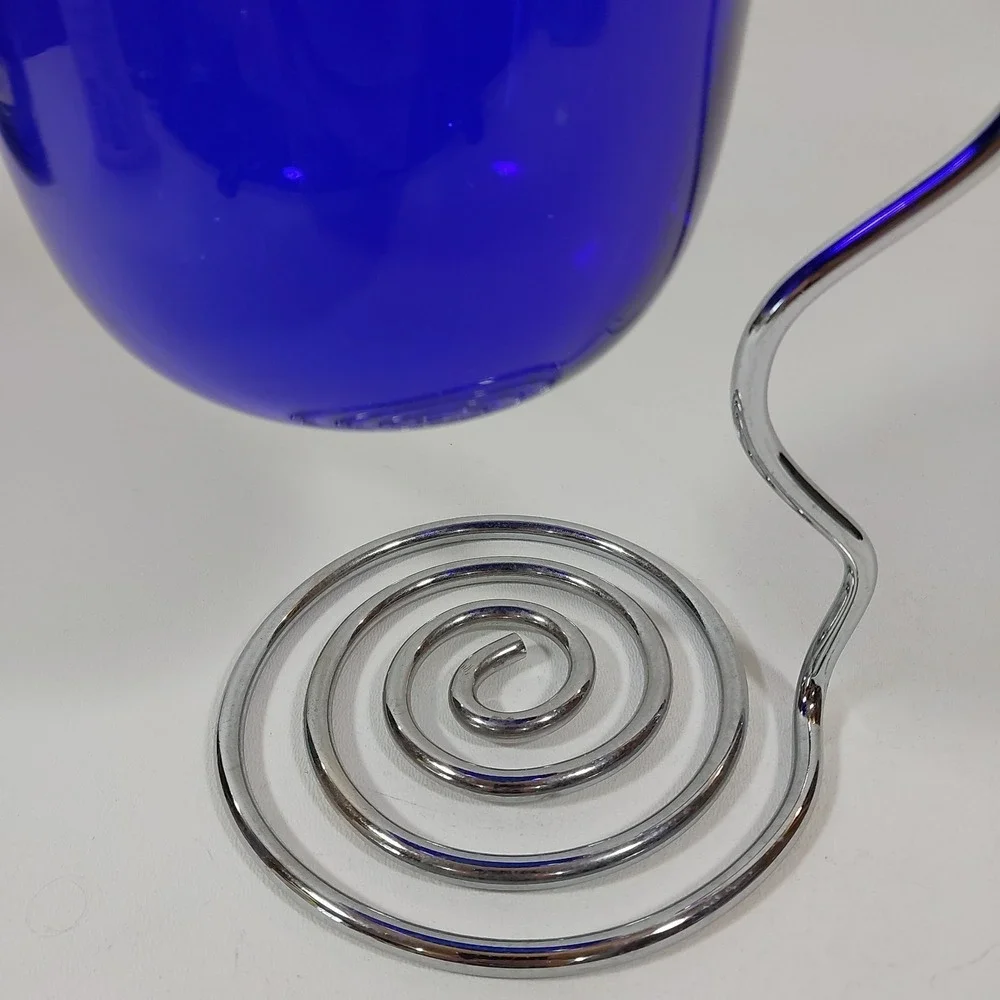 Vintage MCM‎ Cobalt Blue Glass Silver Tone Metal Coil Candle Holder 10